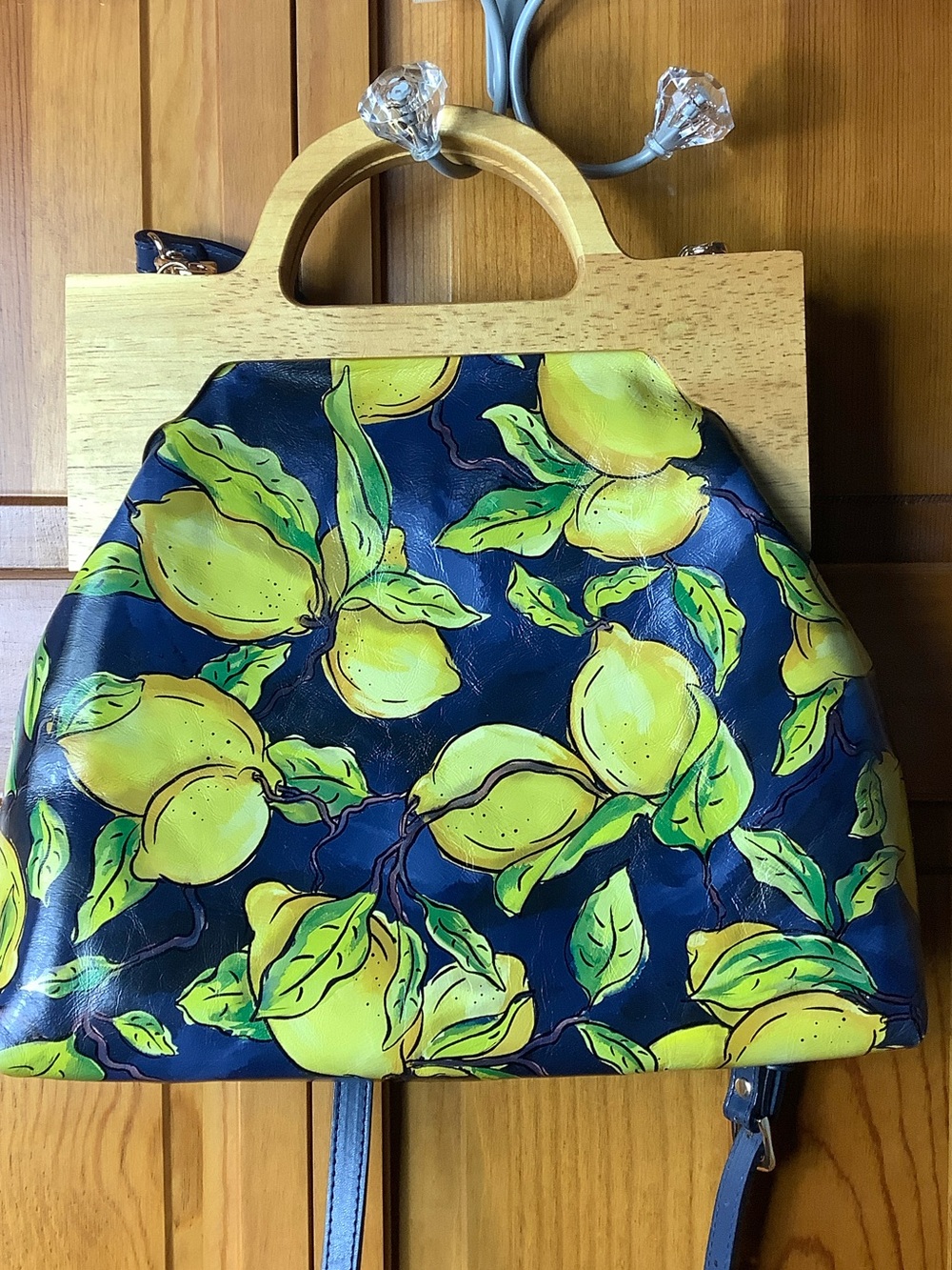 Wood-Handle Lemon Print Backpack - Navy & Yellow
